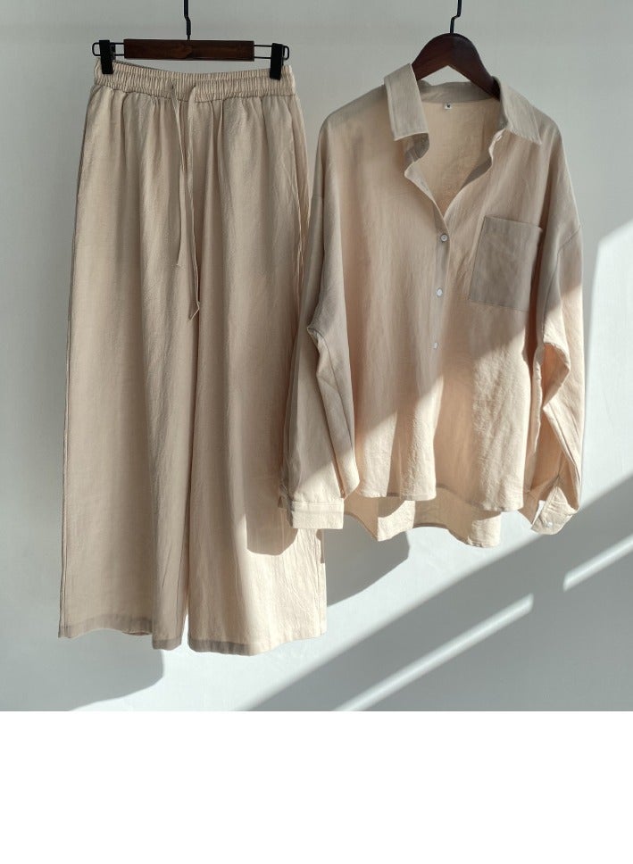 إسكدنيا السيدات الكتان زر القميص بنطلون الساق واسعة تناسب عارضة المشمش الأصفر