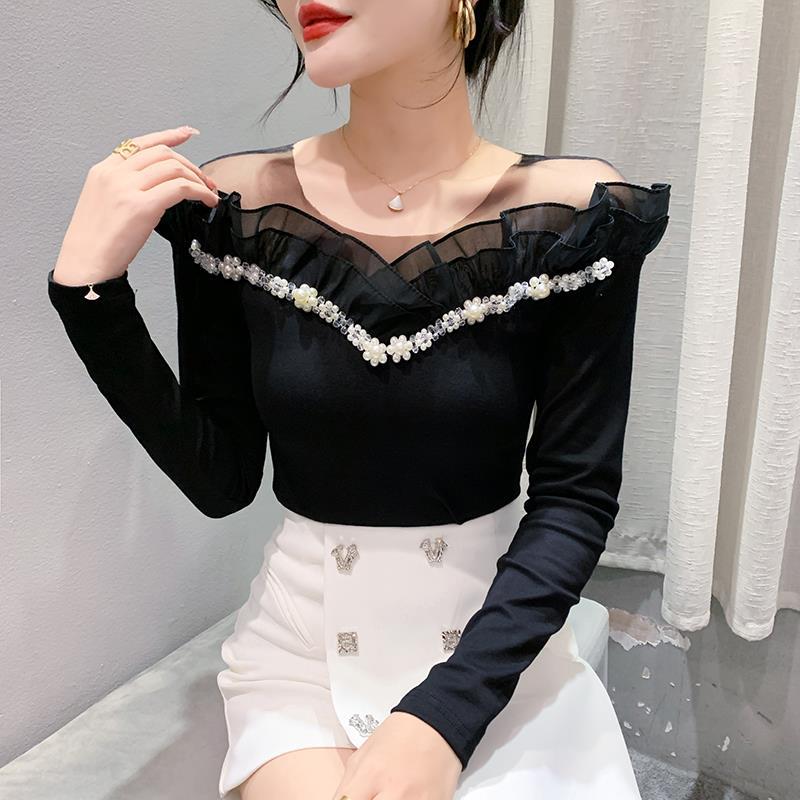 Real shot original design new long sleeve T-shirt beaded lace fashion small shirt online celebrity in stock M-3xL - Image 3