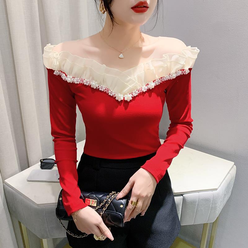 Real shot original design new long sleeve T-shirt beaded lace fashion small shirt online celebrity in stock M-3xL - Image 1
