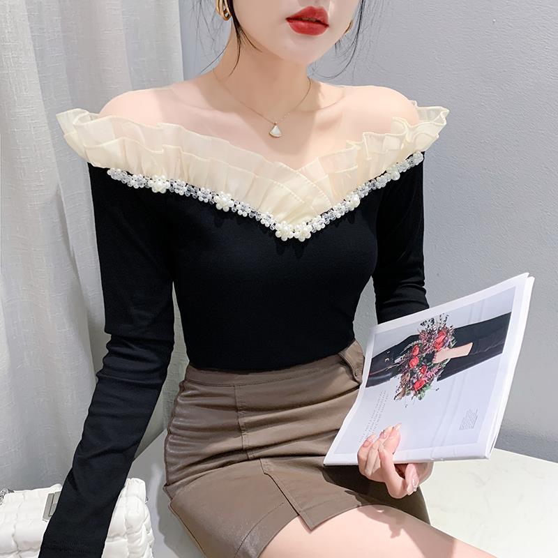 Real shot original design new long sleeve T-shirt beaded lace fashion small shirt online celebrity in stock M-3xL - Image 2