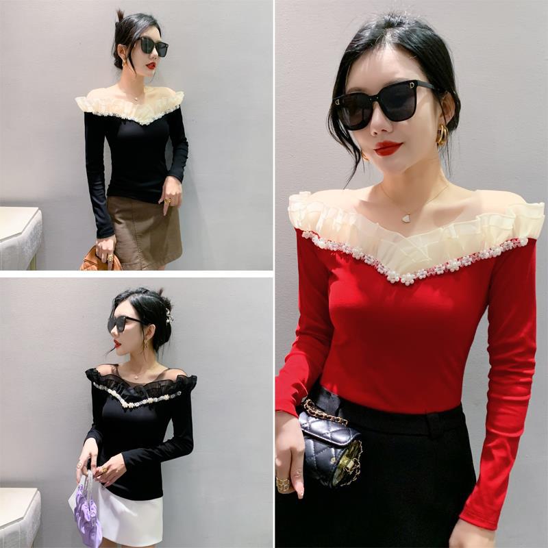 Real shot original design new long sleeve T-shirt beaded lace fashion small shirt online celebrity in stock M-3xL - Image 5
