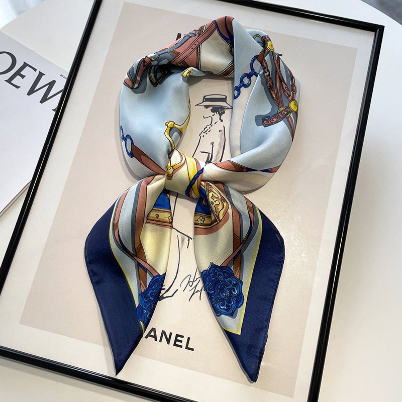 Oil painting small square scarf silk scarf for women Spring Autumn Winter mom matching shirt neck protection scarf scarf scarf 70x70 Saddle harness-light blue
