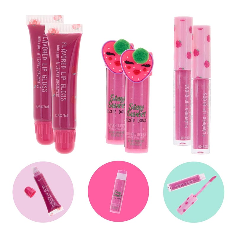 EXPRESSIONS 6pc Lip Set  Strawberry Flavored Lip Gloss  Balm Kit Fruity Flavored Lip Gloss For Girls  Safe and NonToxic Lip Gloss Gift Set For Girls