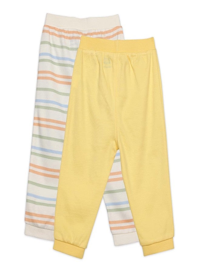miniklub Cotton Solid & Striped Knit Bottoms,Pack of 2,White & Yellow(0-3M) - Image 2