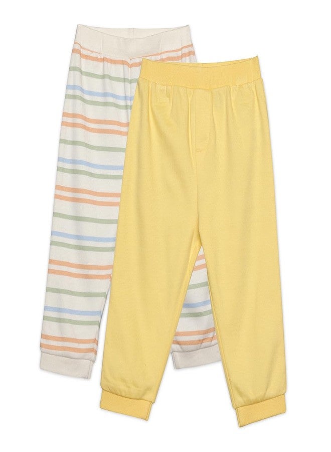 miniklub Cotton Solid & Striped Knit Bottoms,Pack of 2,White & Yellow(0-3M) - Image 1