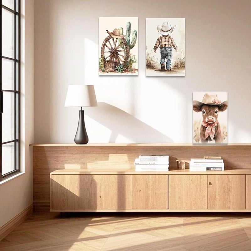 CCWACPP Western Cowboy Wall Art Set of 3 Cowboy Kids Wall Decor Western Themed Prints Beige Picture for Nursery Toddler Children Boy Room Boho Decor Framed (12"x16"x3) - Image 2