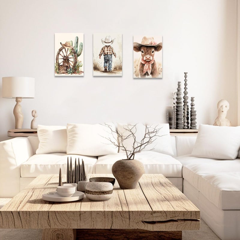 CCWACPP Western Cowboy Wall Art Set of 3 Cowboy Kids Wall Decor Western Themed Prints Beige Picture for Nursery Toddler Children Boy Room Boho Decor Framed (12"x16"x3) - Image 3