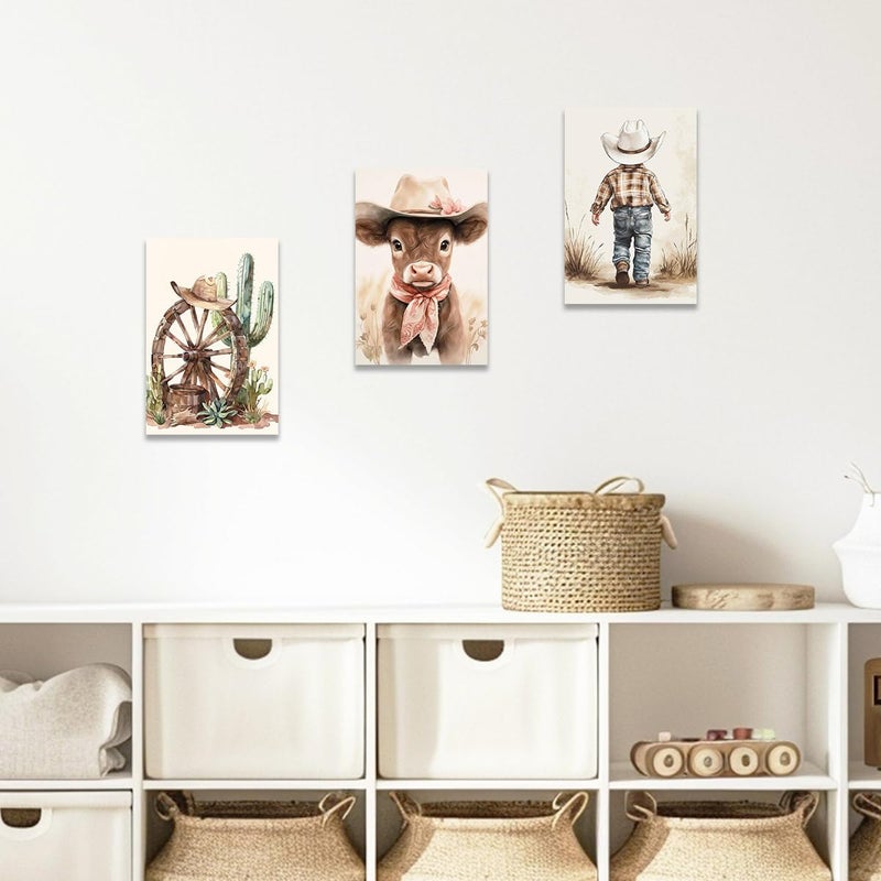 CCWACPP Western Cowboy Wall Art Set of 3 Cowboy Kids Wall Decor Western Themed Prints Beige Picture for Nursery Toddler Children Boy Room Boho Decor Framed (12"x16"x3) - Image 4