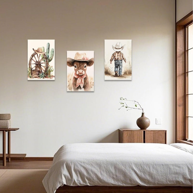 CCWACPP Western Cowboy Wall Art Set of 3 Cowboy Kids Wall Decor Western Themed Prints Beige Picture for Nursery Toddler Children Boy Room Boho Decor Framed (12"x16"x3) - Image 5