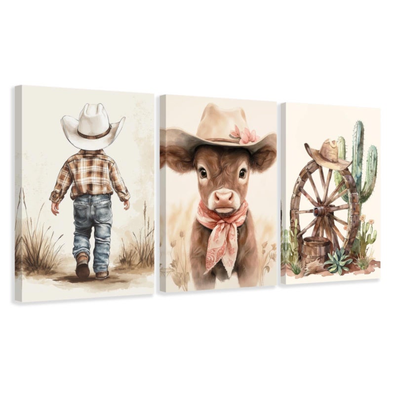 CCWACPP Western Cowboy Wall Art Set of 3 Cowboy Kids Wall Decor Western Themed Prints Beige Picture for Nursery Toddler Children Boy Room Boho Decor Framed (12"x16"x3) - Image 1