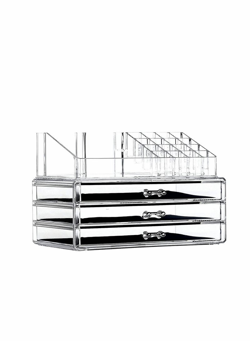 SYOSI Large Cosmetic Makeup Organizer with Drawers and Brush Organizer, Acrylic Skin Care Storage Display Case, Stackable Box With 3 Drawers for Bathroom Countertop and Bedroom Vanity Dresser - Image 1