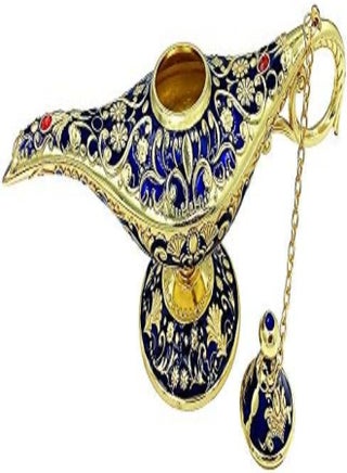 Vintage Aladdin Magic Genie Lamp Incense Burners Metal Carved Wishing Light For Home Tabletop Decoration, Party, Birthday Delicate Gift (Blue)
