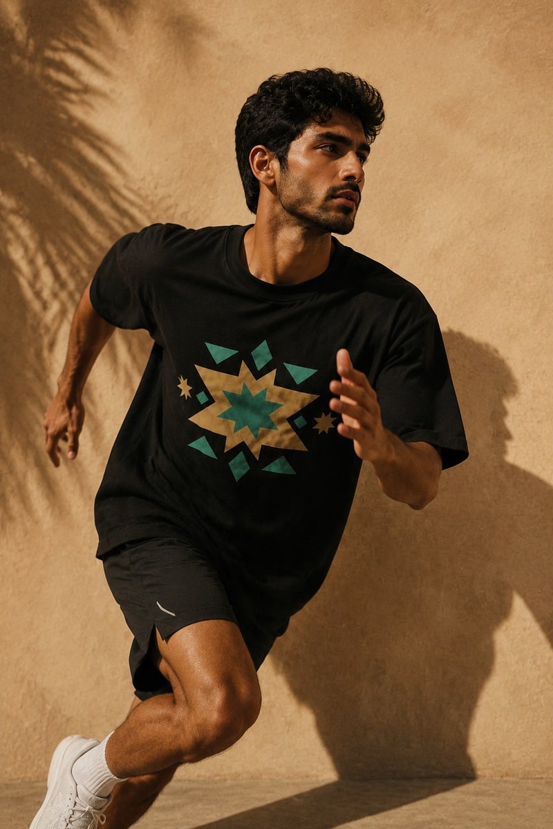 Men's Oversized Black Geometric Star Print T-Shirt Casual Short Sleeve Crew Neck Streetwear Tee - Image 3