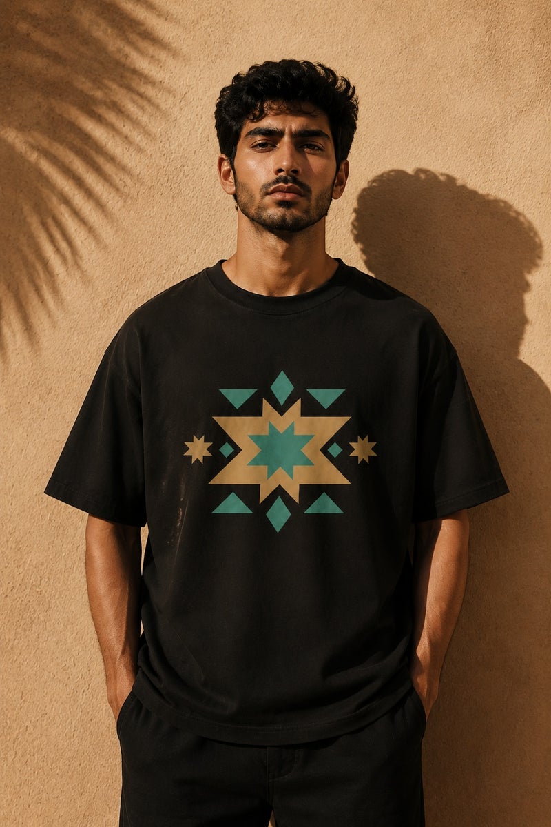 Men's Oversized Black Geometric Star Print T-Shirt Casual Short Sleeve Crew Neck Streetwear Tee - Image 2