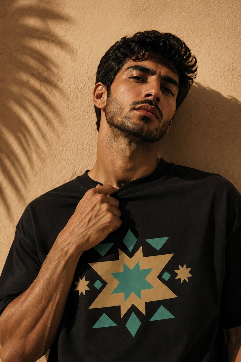 Men's Oversized Black Geometric Star Print T-Shirt Casual Short Sleeve Crew Neck Streetwear Tee - Image 5