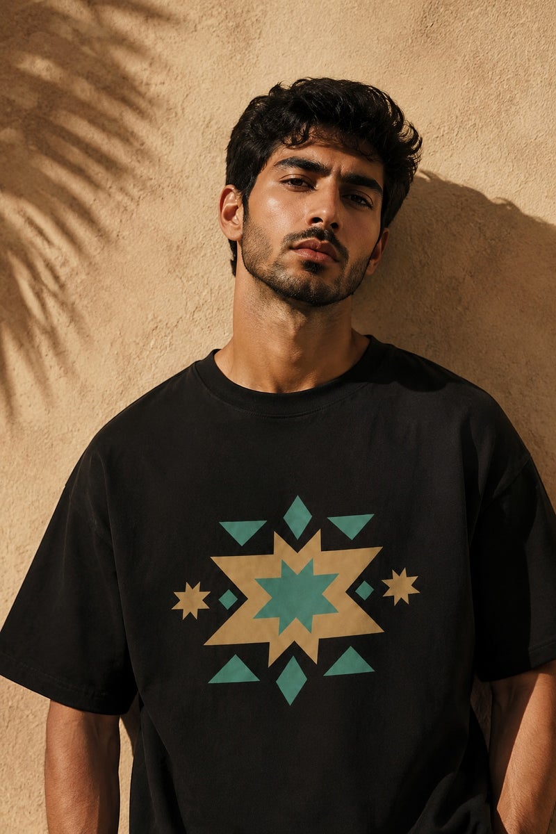 Men's Oversized Black Geometric Star Print T-Shirt Casual Short Sleeve Crew Neck Streetwear Tee - Image 1