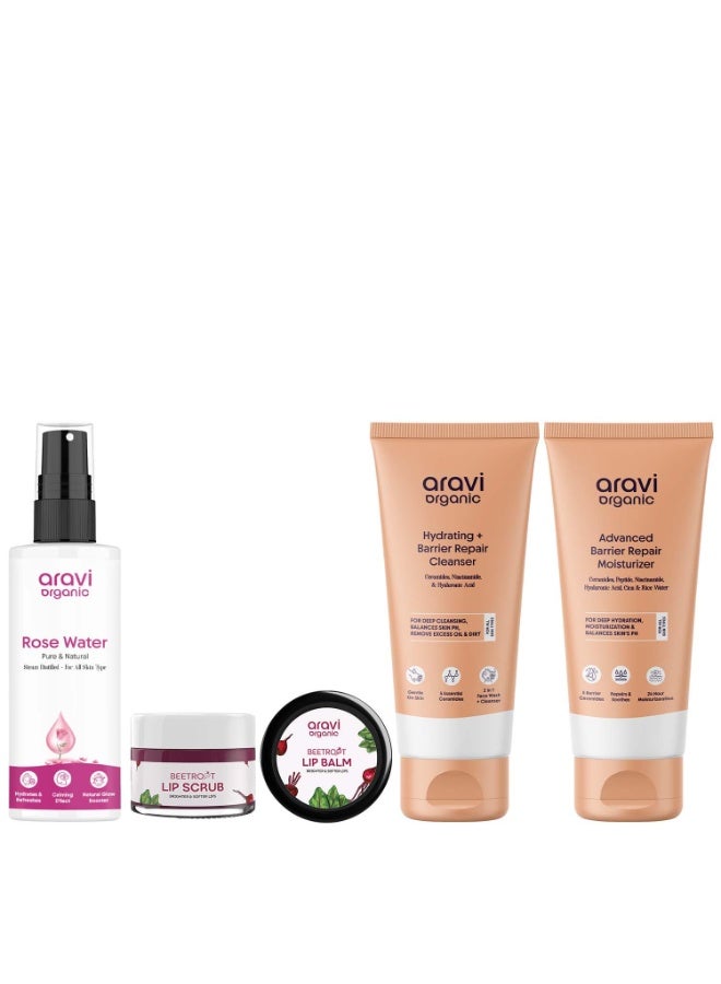 Aravi Organic Rose Water 150 ml& Moisturizer 100gm& Cleanser 100gm & Lip Scrub 15gm & Lip Balm 8gm – Complete Natural Skincare & Lip Care Set for Hydrated, Glowing Skin & Soft Lips - Image 1