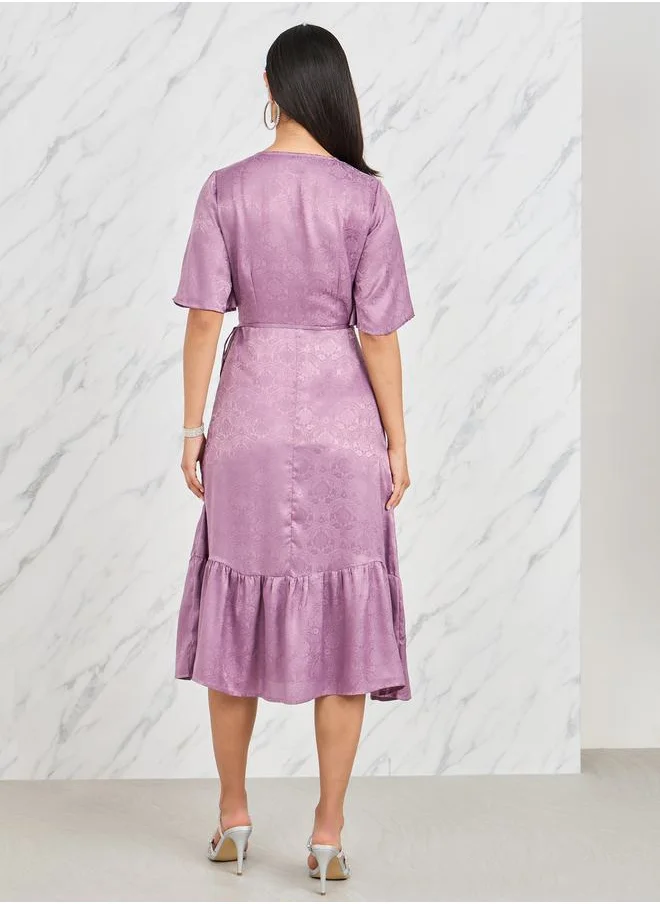 Styli Jacquard Print A-Line Wrap Midi Dress