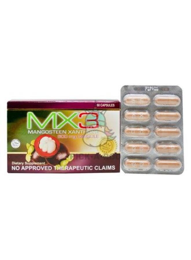 MX3 Mangosteen Xanthone dietary supplement capsules.