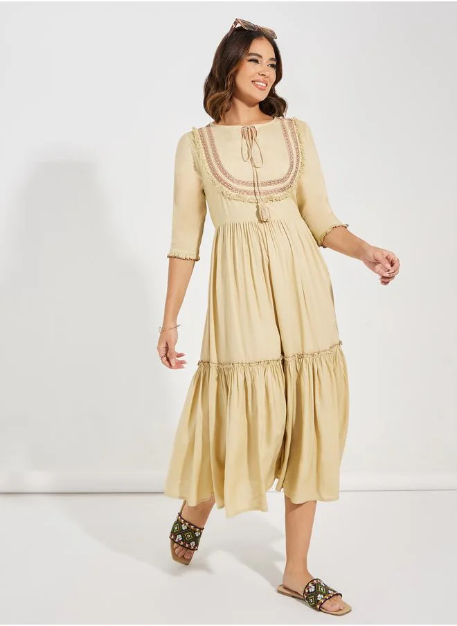 Styli Embroidered Panel Tie-Up Neck Midi Dress