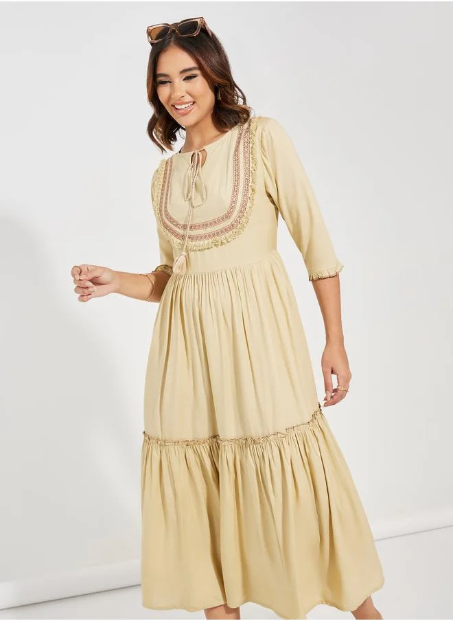 Styli Embroidered Panel Tie-Up Neck Midi Dress