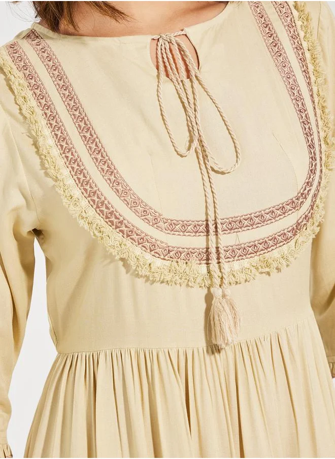 Styli Embroidered Panel Tie-Up Neck Midi Dress