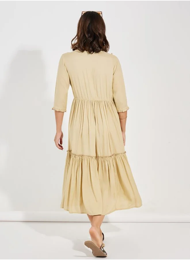 Styli Embroidered Panel Tie-Up Neck Midi Dress