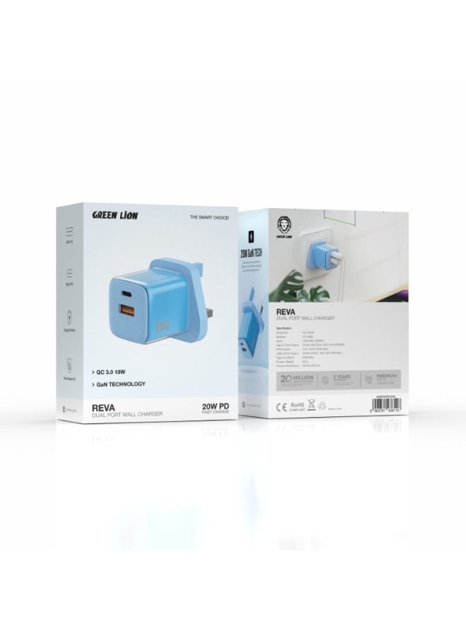 GREEN LION Reva Dual Port Wall GaN Charger PD 20W & QC 18W Fast Charging with Charging Protection & Flame Retardant PC / USB-C & USB-A Ports / PC & ABS Material - Blue - Image 2