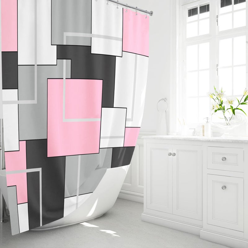 BTTN Extra Long Shower Curtain - 72 x 84 Inch Long Geometric Decorative Fabric Shower Curtain Set with 12 Plastic Hook  Water Repellent  Large Hotel Modern Unique Shower Curtains for Bathroom - Pink - Image 1