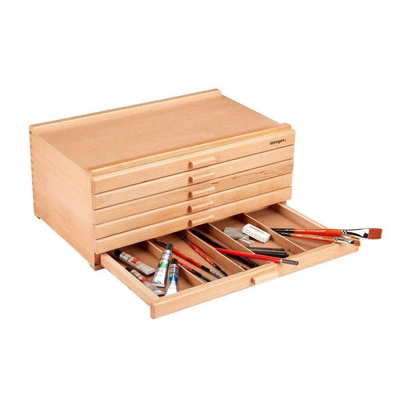 KINGART Wood 6-Drawer Artist SUPPLY STORAGE BOX, 15-3/4â€ W x 10â€ D x 6-1/2â€ H, Natural Finish, Storage for Art Materials including Paint Tubes, Pastels, Pencils, Markers, Brushes and more - Image 3