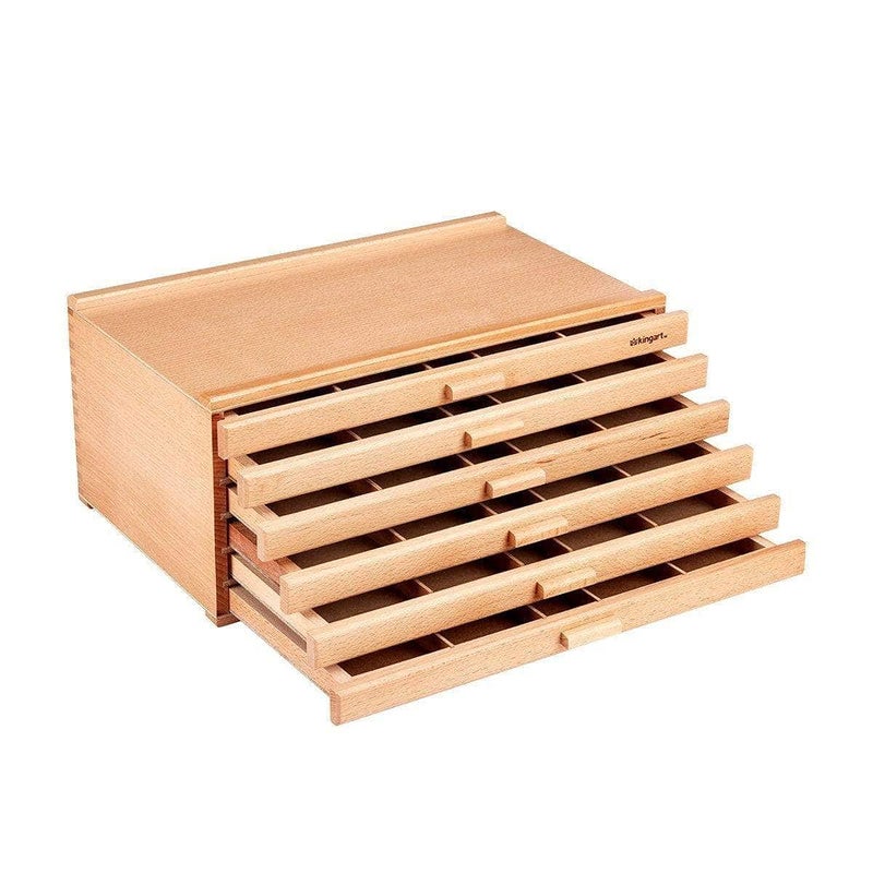 KINGART Wood 6-Drawer Artist SUPPLY STORAGE BOX, 15-3/4â€ W x 10â€ D x 6-1/2â€ H, Natural Finish, Storage for Art Materials including Paint Tubes, Pastels, Pencils, Markers, Brushes and more - Image 1