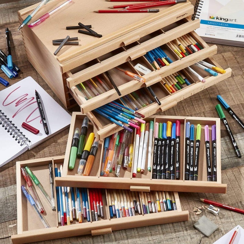 KINGART Wood 6-Drawer Artist SUPPLY STORAGE BOX, 15-3/4â€ W x 10â€ D x 6-1/2â€ H, Natural Finish, Storage for Art Materials including Paint Tubes, Pastels, Pencils, Markers, Brushes and more - Image 4