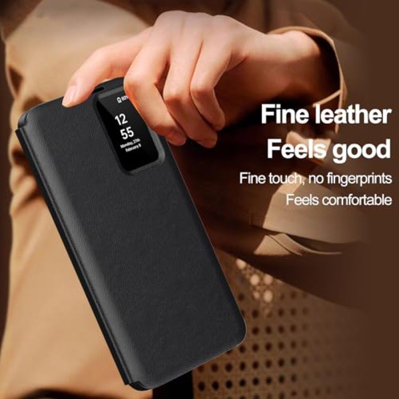Samsung Galaxy S24 Ultra Case Smart View Black Synthetic Leather Flip Wallet Cover - Instant Notification Access 2-Card Slot Layered Drop Protection for Daily Use - Image 2