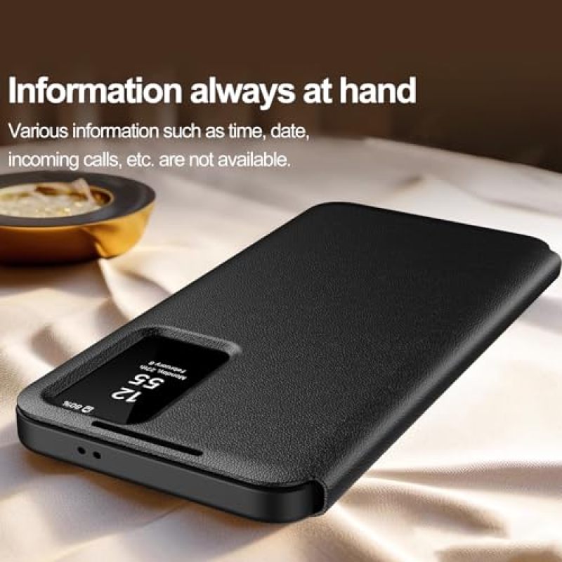 Samsung Galaxy S24 Ultra Case Smart View Black Synthetic Leather Flip Wallet Cover - Instant Notification Access 2-Card Slot Layered Drop Protection for Daily Use - Image 4