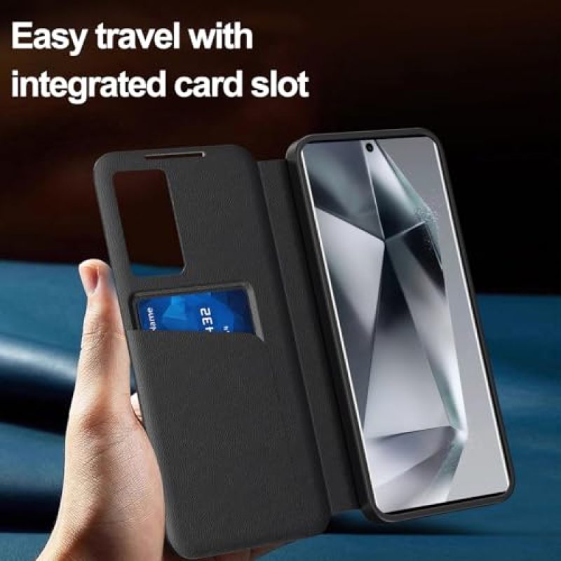 Samsung Galaxy S24 Ultra Case Smart View Black Synthetic Leather Flip Wallet Cover - Instant Notification Access 2-Card Slot Layered Drop Protection for Daily Use - Image 3