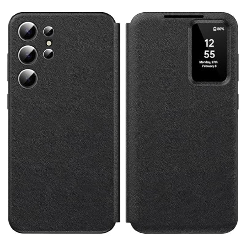 Samsung Galaxy S24 Ultra Case Smart View Black Synthetic Leather Flip Wallet Cover - Instant Notification Access 2-Card Slot Layered Drop Protection for Daily Use - Image 1