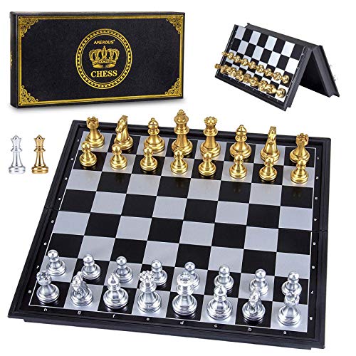 AMEROUS 10 Magetic Travel Chess Set Plastic Portable Folding Chess Board Game with Gold and Silver Chess Pieces 2 Extra Queens Chess for Beginner Kids Adults - Image 1