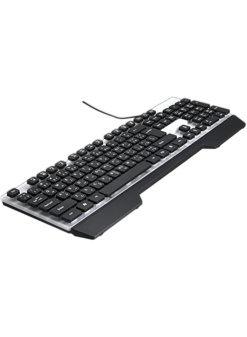 زيرو لوحة مفاتيح ZERO RGB LED Electronics ZR-2030 USB، تصميم أنيق، مفاتيح صامتة، لوحة مفاتيح ألعاب سلكية بألوان قوس قزح باللغتين الإنجليزية والعربية، هيكل مقاوم لرذاذ الماء، إضاءة متعددة للألعاب (أسود، ZR-2030) - Image 3