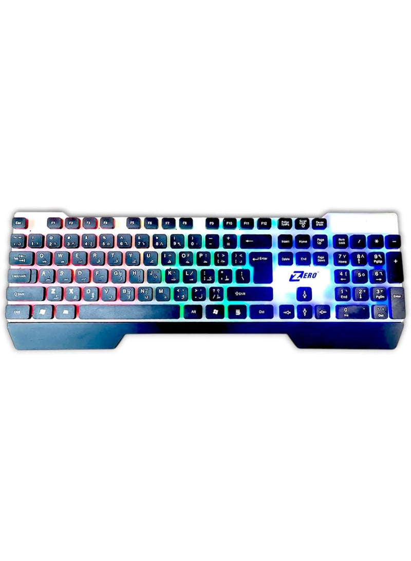 زيرو لوحة مفاتيح ZERO RGB LED Electronics ZR-2030 USB، تصميم أنيق، مفاتيح صامتة، لوحة مفاتيح ألعاب سلكية بألوان قوس قزح باللغتين الإنجليزية والعربية، هيكل مقاوم لرذاذ الماء، إضاءة متعددة للألعاب (أسود، ZR-2030) - Image 1
