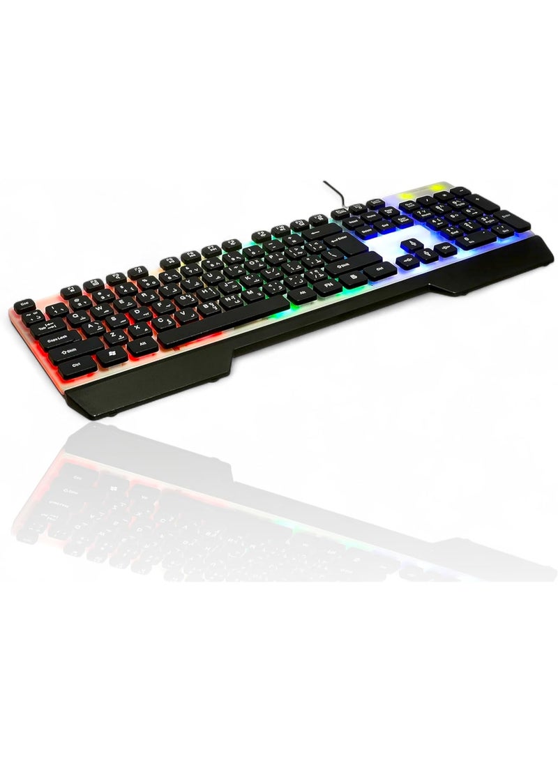 زيرو لوحة مفاتيح ZERO RGB LED Electronics ZR-2030 USB، تصميم أنيق، مفاتيح صامتة، لوحة مفاتيح ألعاب سلكية بألوان قوس قزح باللغتين الإنجليزية والعربية، هيكل مقاوم لرذاذ الماء، إضاءة متعددة للألعاب (أسود، ZR-2030) - Image 4