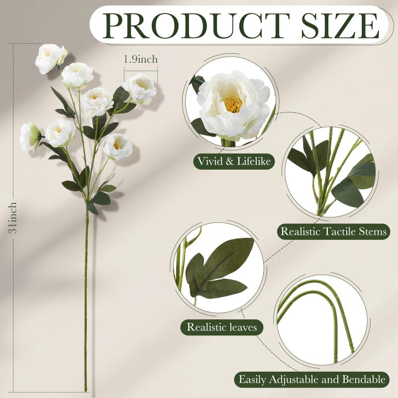 Craftsatin 6 Pack 32" Artificial Peonies Flowers for Vase(Vase Not Included)-6 Stems Faux Peony with 42 Silk Heads, Fake Long Stem Flowers for DIY Bouquets Wedding Centerpieces Home Decor(White) - Image 3