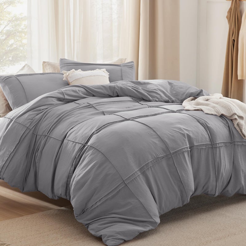 Bedsure Grid Boho 3 Pcs Duvet Cover Set Queen Size, Shabby Chic Tufted Boho Bedding Set, Includes 1 King Duvet Cover (230 cm x 230 cm) & 2 Pillowcases (50 cm x 66 cm), Grey - Image 2