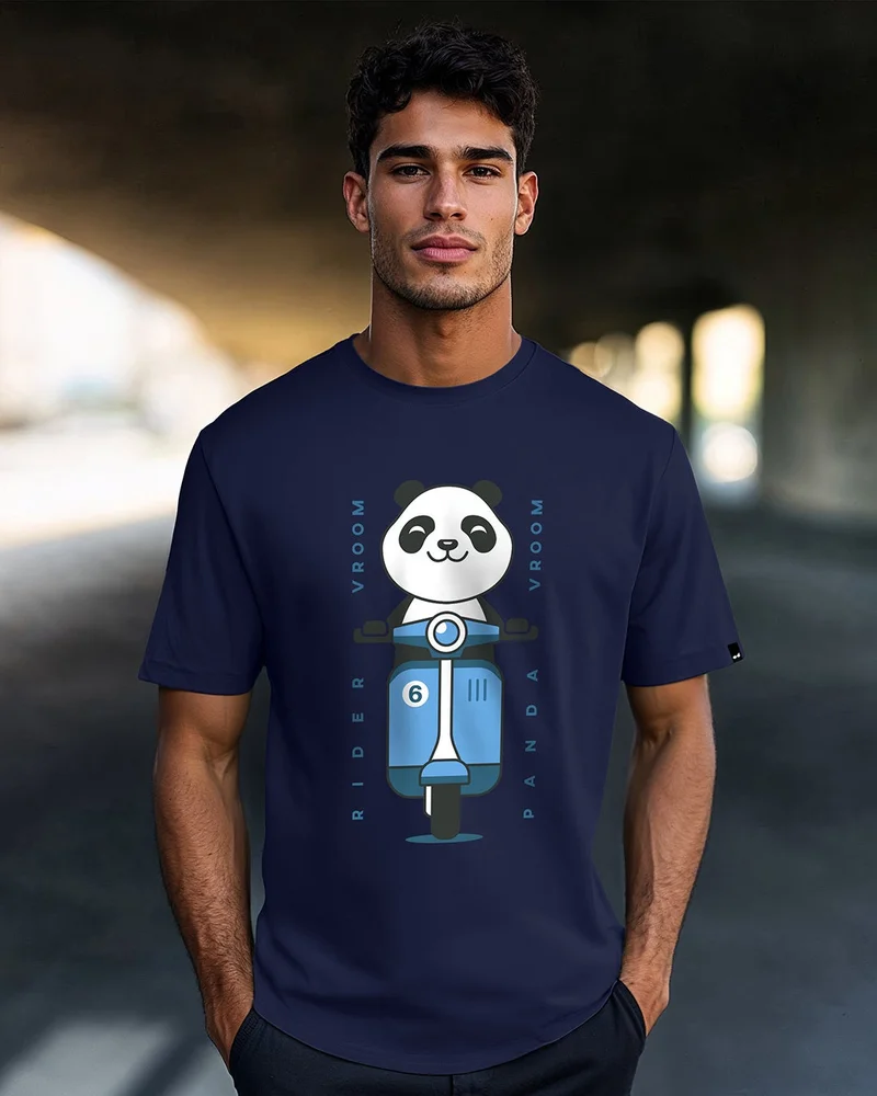 bewakoof Men's Blue Rider Vroom Panda Graphic Printed T-shirt