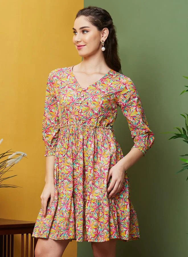 globus Globus Floral Printed V Neck A-Line Mini Dress