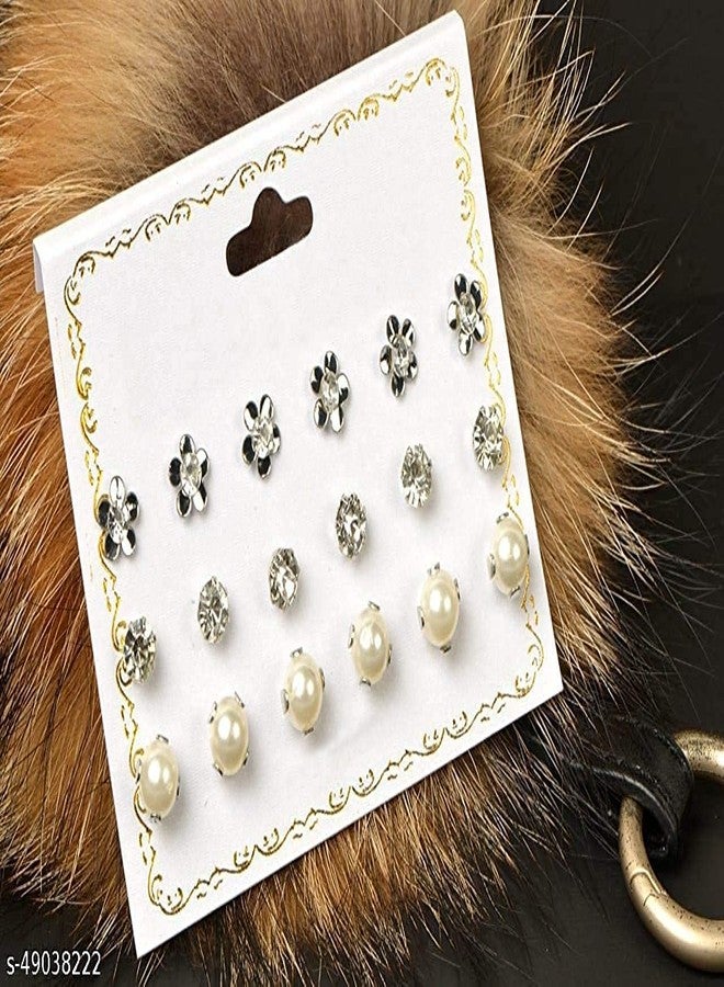 STRIPES® essentials Multi Colour Pearl Stud Different Design Earrings set for Women & Girls Earrings Combo of Earrings for All Occasion Marriage, Birthday,Daily Waer (9 Pairs) - Image 2