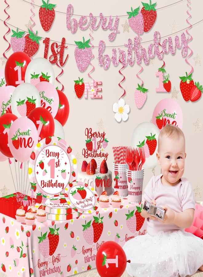 Dydamud Berry First Birthday Decor, Strawberry 1st Birthday Decorations for Girls, Sweet One Balloon Banner Cake Toppers Tablecloth Plates and Napkins for Strawberry Baby Shower Decorations - Image 2