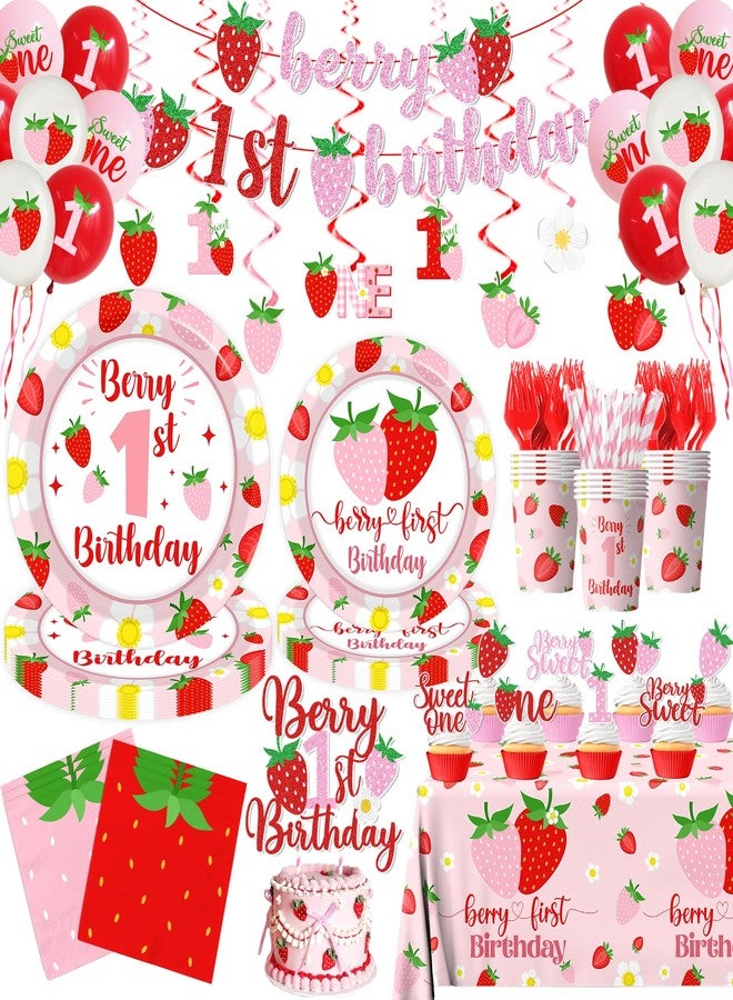 Dydamud Berry First Birthday Decor, Strawberry 1st Birthday Decorations for Girls, Sweet One Balloon Banner Cake Toppers Tablecloth Plates and Napkins for Strawberry Baby Shower Decorations - Image 1