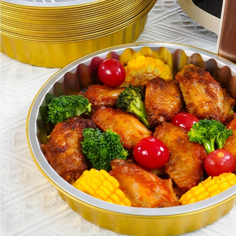 10 Pack 7.1 Inch Round Golden Foil Trays Disposable Food Containers For Baking Takeout And Casseroles Ribbed Non Stick Design Suitable For Oven Microwave And Air Fryer - Image 2