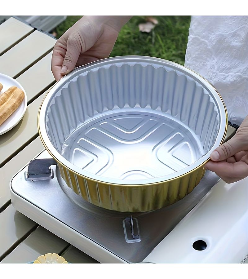 10 Pack 7.1 Inch Round Golden Foil Trays Disposable Food Containers For Baking Takeout And Casseroles Ribbed Non Stick Design Suitable For Oven Microwave And Air Fryer - Image 1