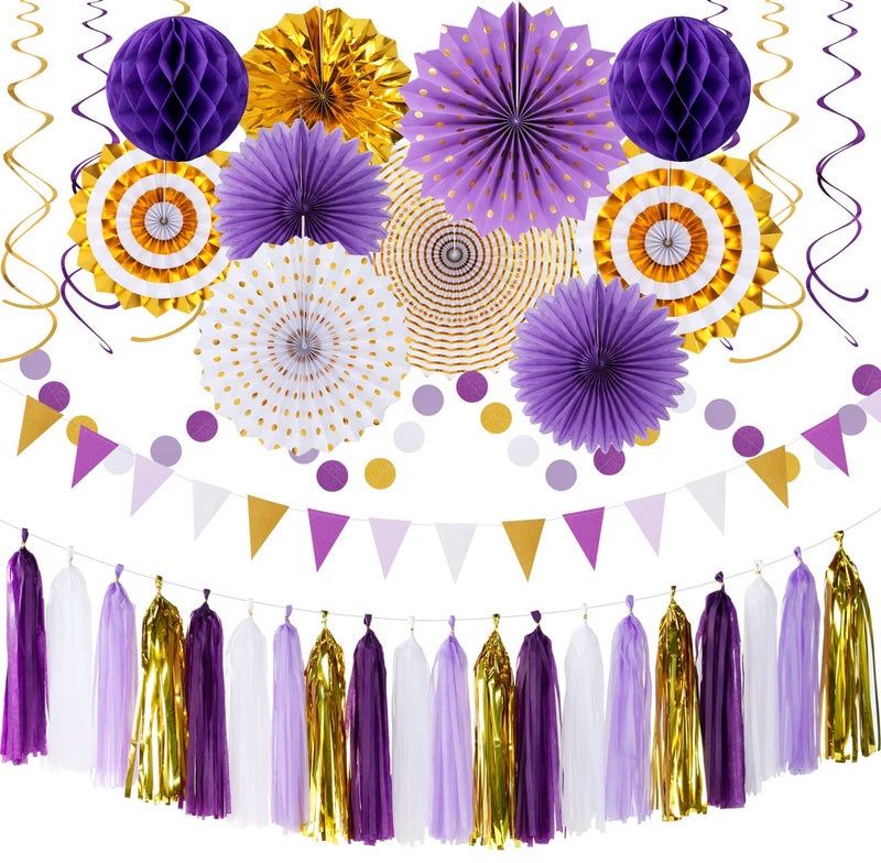 PurpleGold Graduation PartyDecoration  33pcs Kits Banner Streamers Tassel GarlandTissue Pom Poms Honeycomb Paper Lantern FansWedding Girl Birthday Baby Bridal Shower Decor Hugtmr